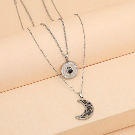 Double Layer Silver Plated Demi Fine Chain and Half Moon and Sun Pendants