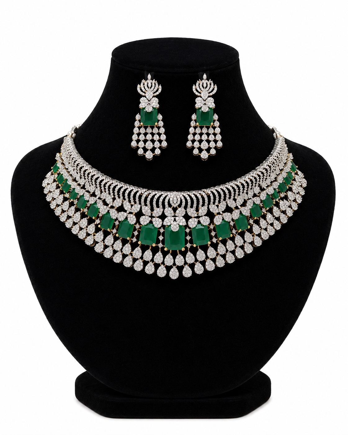Emerald American Diamond Jewellery Set for Women | Luxury AD Necklace Set with Earrings | Wedding, Party &amp; Bridal Jewellery | Super Macchi