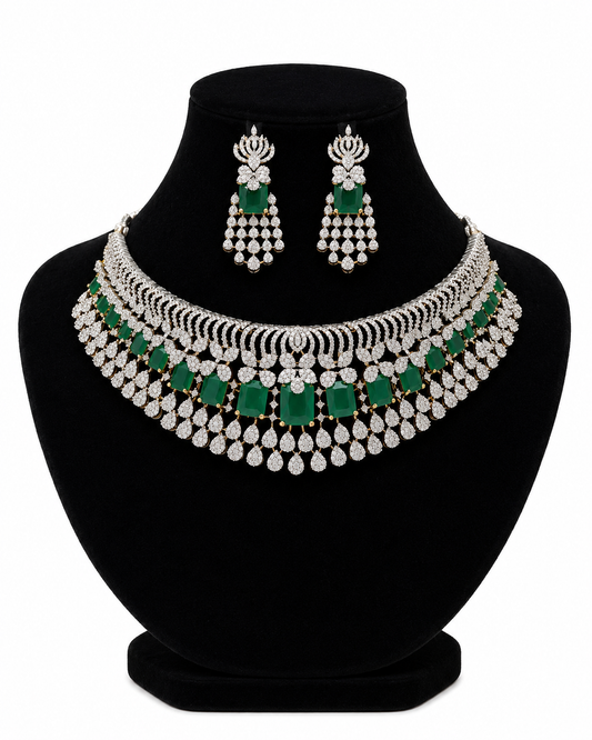 Emerald American Diamond Jewellery Set for Women | Luxury AD Necklace Set with Earrings | Wedding, Party &amp; Bridal Jewellery | Super Macchi