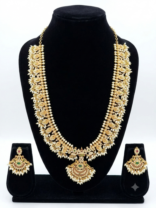 Heavy Guthapusalu Mango Gold Look-Alike Haram with Matching Earrings for Women | Premium South Indian Bridal Jewellery | Super Macchi