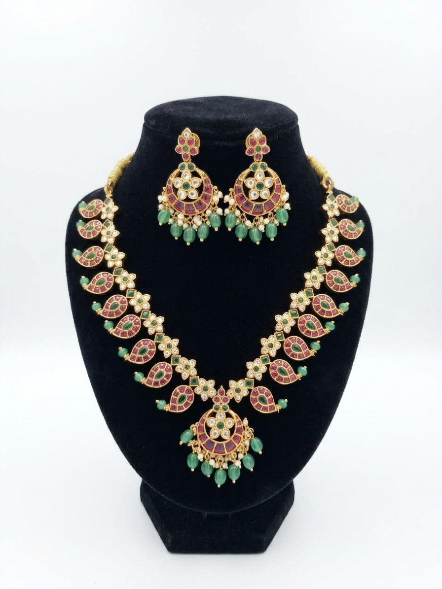 Mango Necklace with Kempu Stones and Emerald Drop Beads