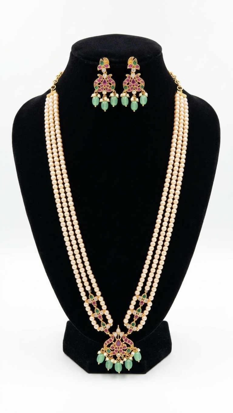 Jadau White Long Pearl Necklace Set for Women