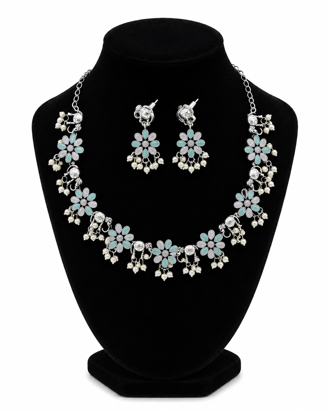 German Silver Elephant and Flower choker Set