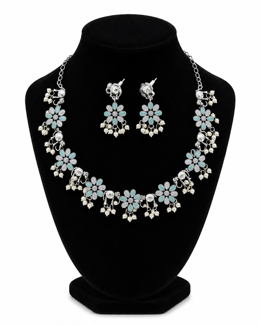 German Silver Elephant and Flower choker Set