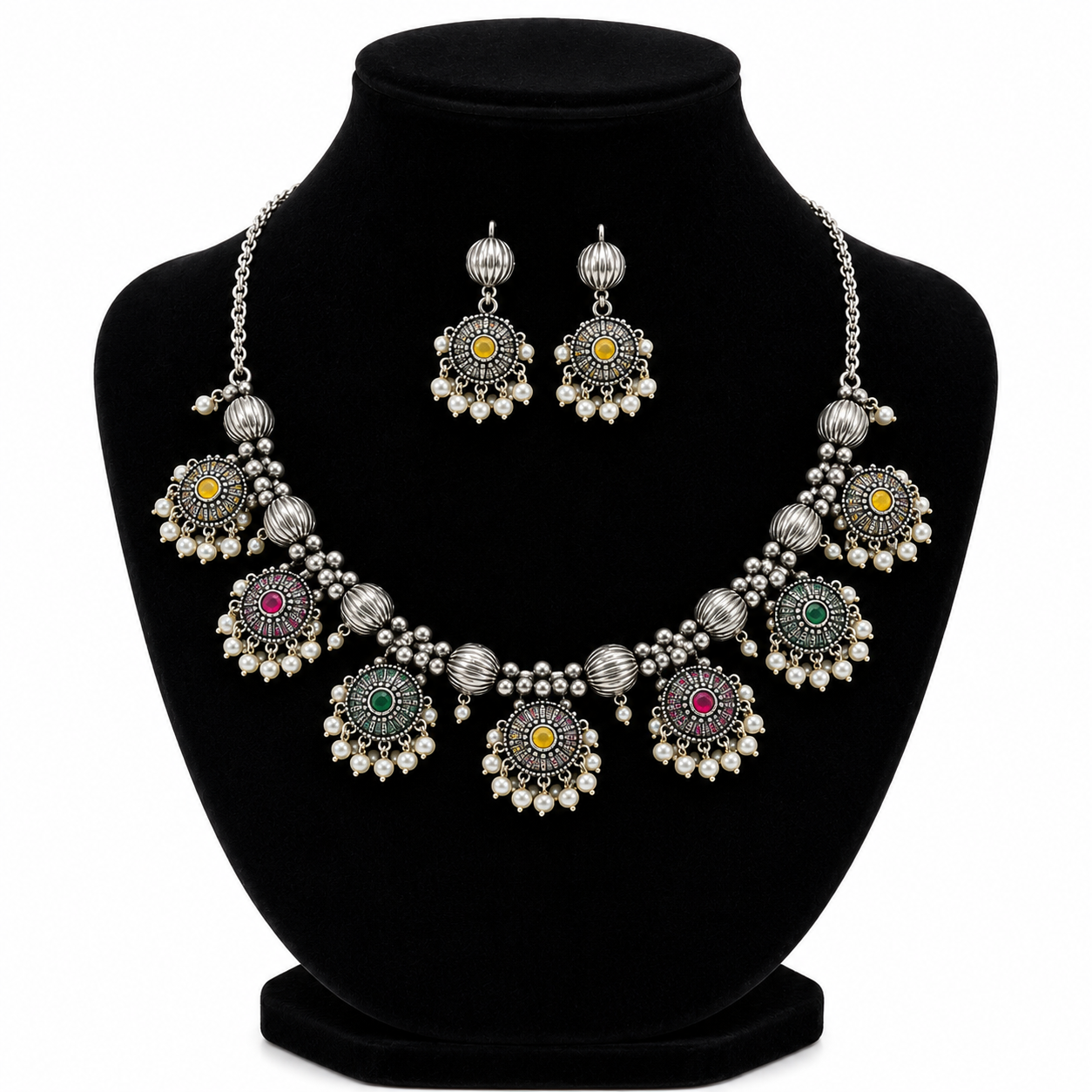German Silver Multi Color Stone Necklace Set