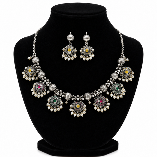 German Silver Multi Color Stone Necklace Set