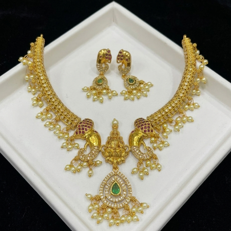 Goddess Lakshmi with Elephant Theme Gold Look Alike Kanti Necklace Set