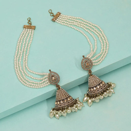 Gold Color Big Size Jhumka Kundan Earrings with Pearl Ear Chains - Supermacchi Jewellery Collections