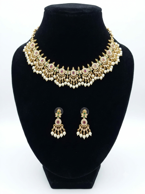 Gold Look-Alike Ruby Stone and Pearl Drops Necklace Set for Women