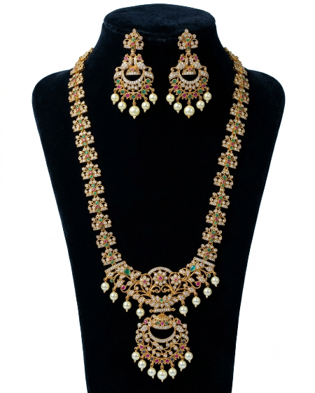 Gold Look Alike Long Haram with Chandbali Earrings