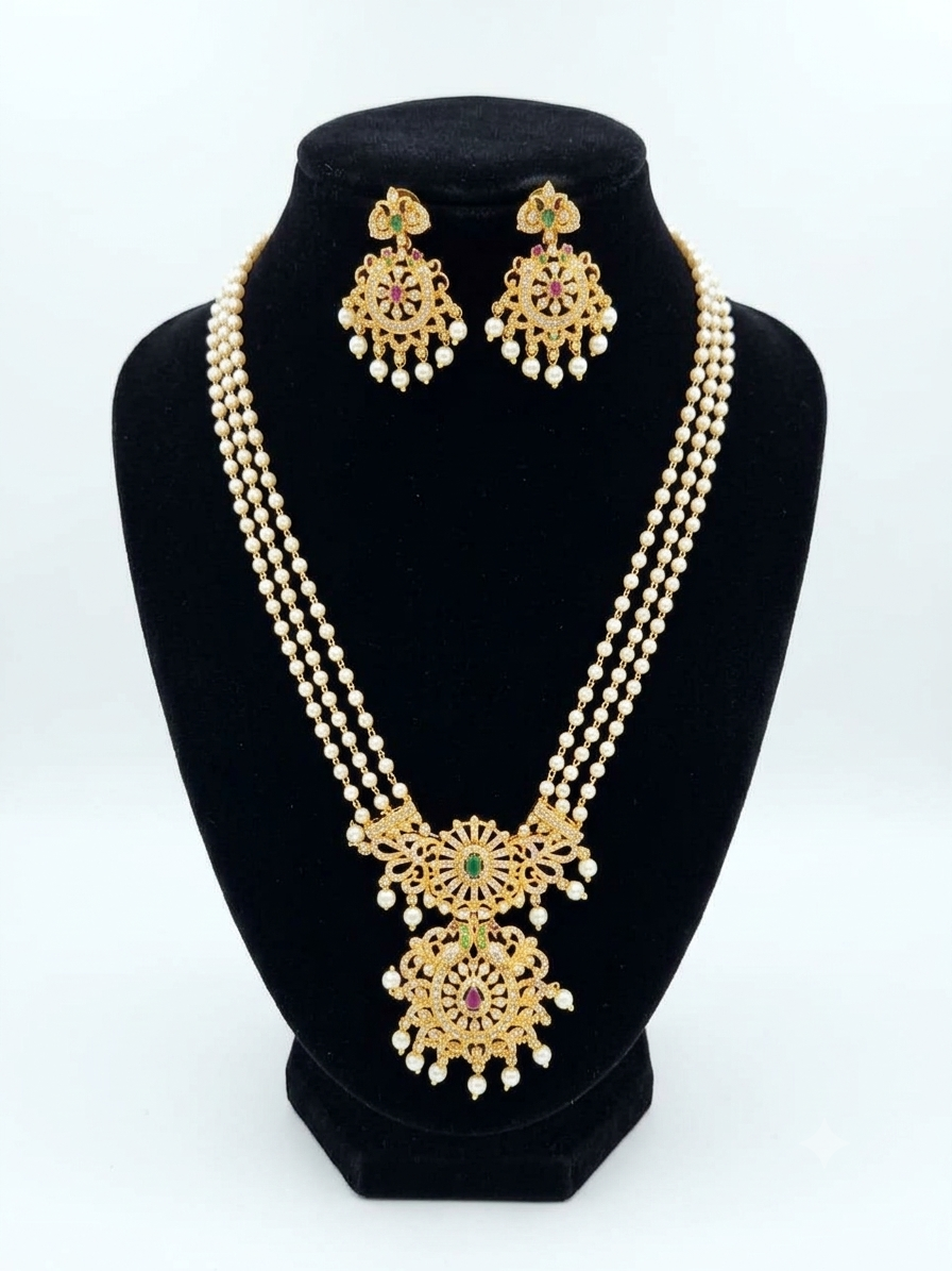 Gold Look Alike Long Pearl Necklace Set 