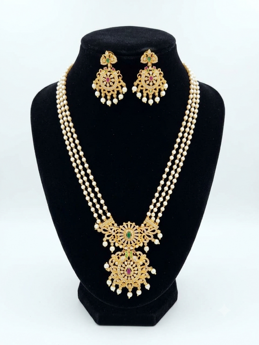 Gold Look Alike Long Pearl Necklace Set 