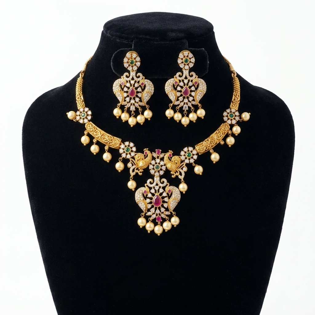 Gold Look Alike Peacock Theme Kanti Necklace Set