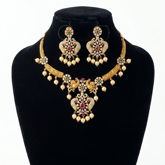 Gold Look Alike Peacock Theme Kanti Necklace Set