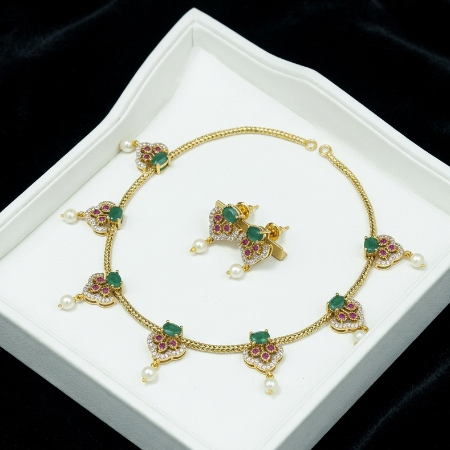 Gold Look Alike Ruby and Emerald Choker Necklace Set