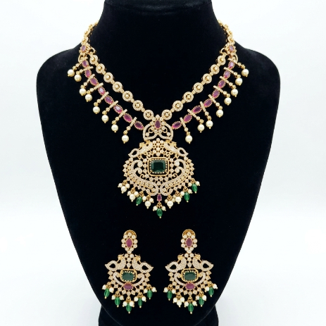 Gold Look Alike Ruby and Emerald Double Layered Necklace Set