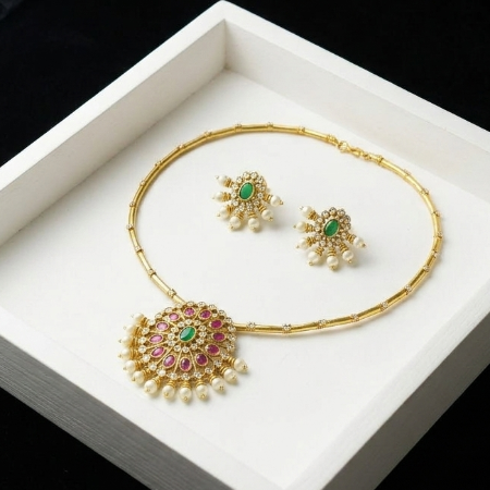 Gold Replica Kanti Set with Rubies and Emeralds – Traditional Temple Jewellery for Women