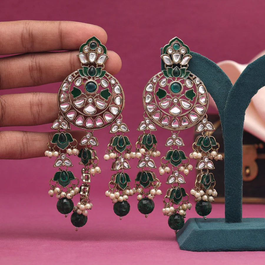 Big Green Color Kundan Dangles