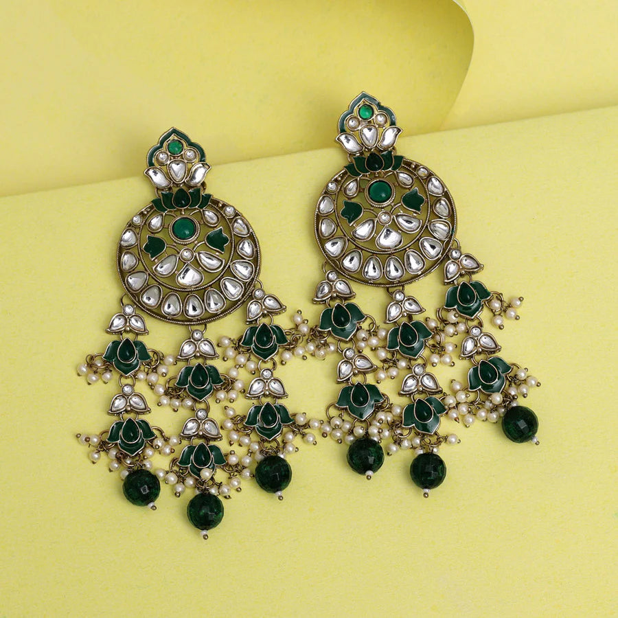 Big Green Color Kundan Dangles