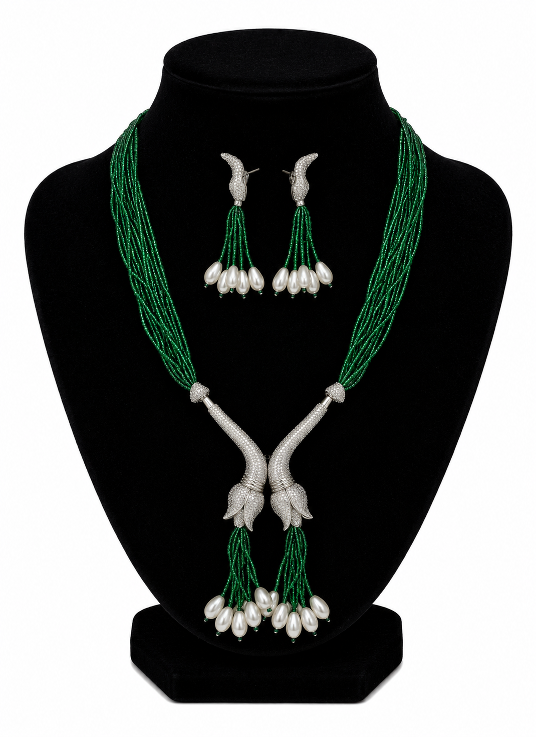 Green Beads Layered AD Jewellery Set