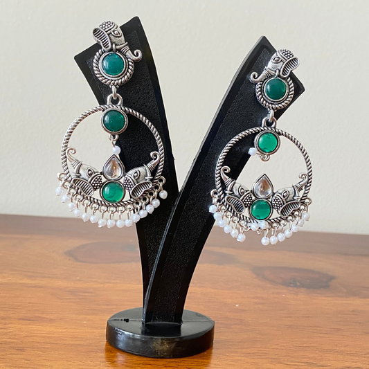 Green Stones Elephant Theme Hoop Oxidised Earrings