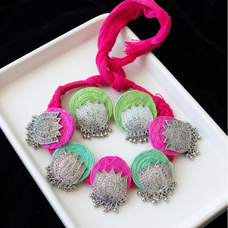 Green and Pink Fabric Lotus Oxidised Jewellery Super Macchi