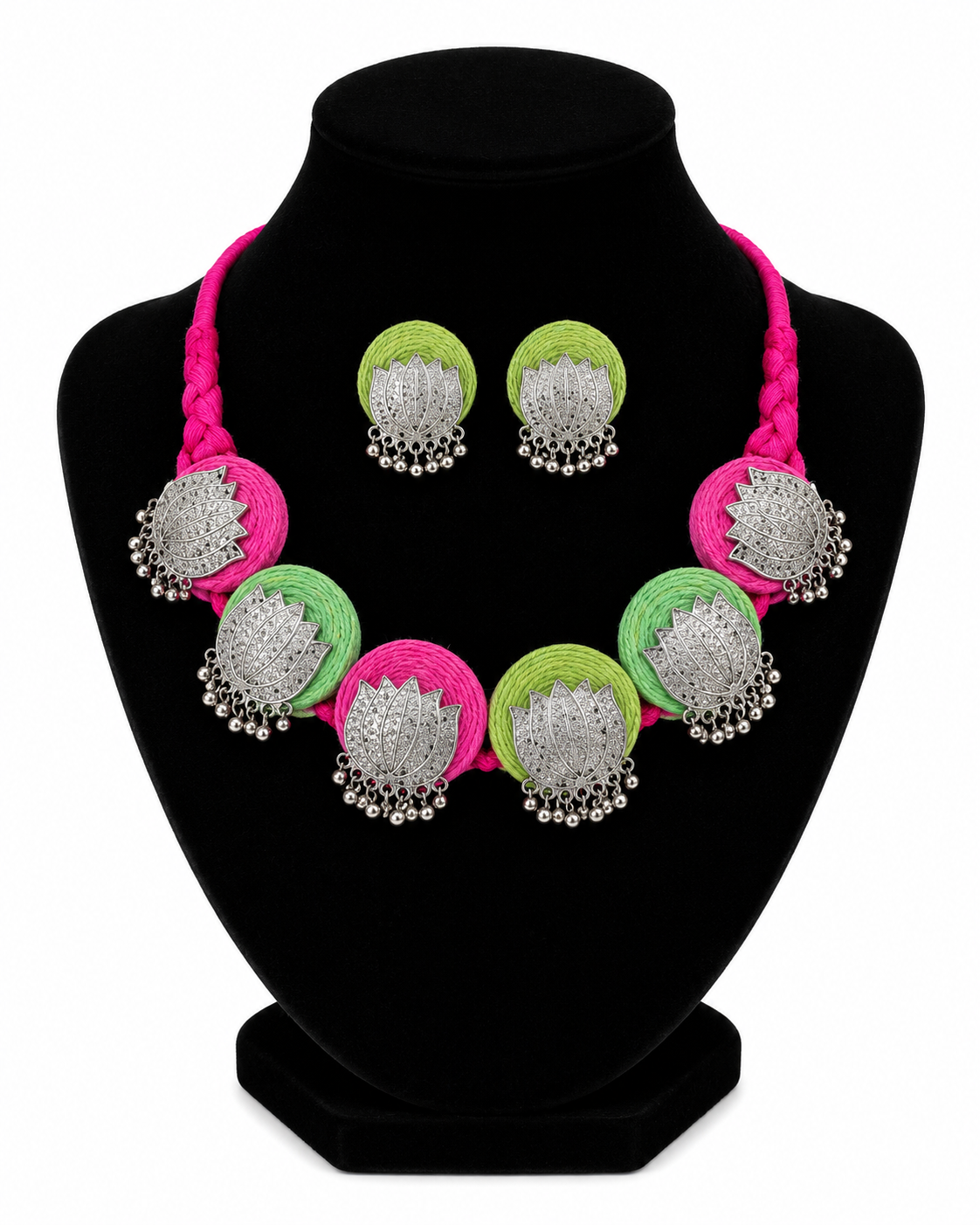 Green and Pink Fabric Lotus Oxidised Jewellery