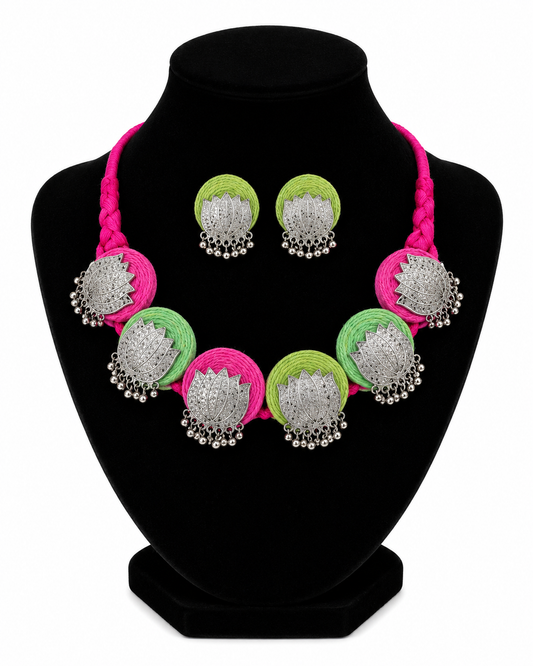 Green and Pink Fabric Lotus Oxidised Jewellery