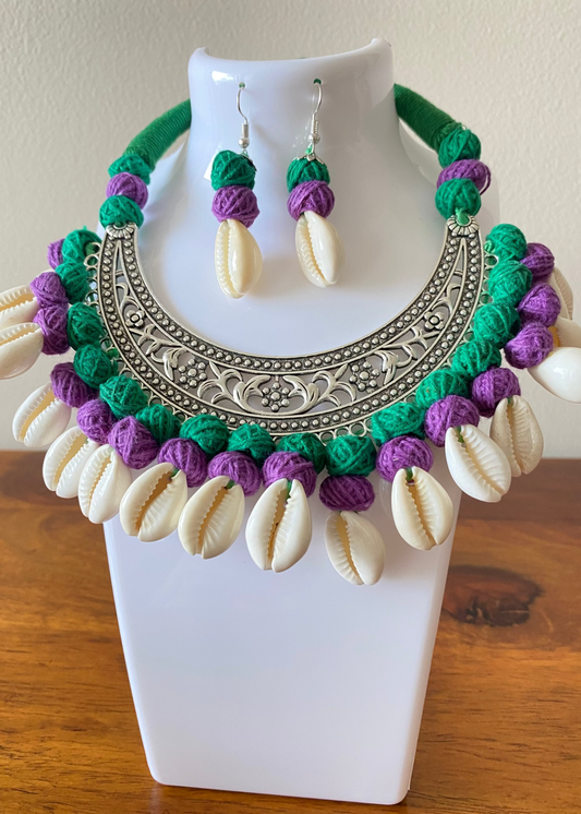 Green and Purple Cowrie Shells Choker Set