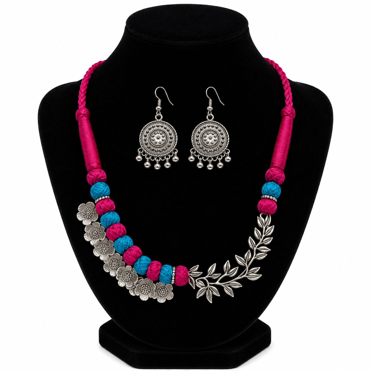 Handcrafted Silver Floral Choker Necklace Set with Pink and Blue Thread Beads