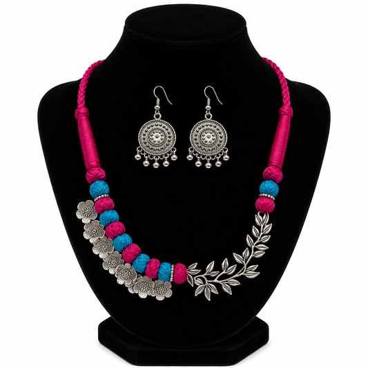 Handcrafted Silver Floral Choker Necklace Set with Pink and Blue Thread Beads