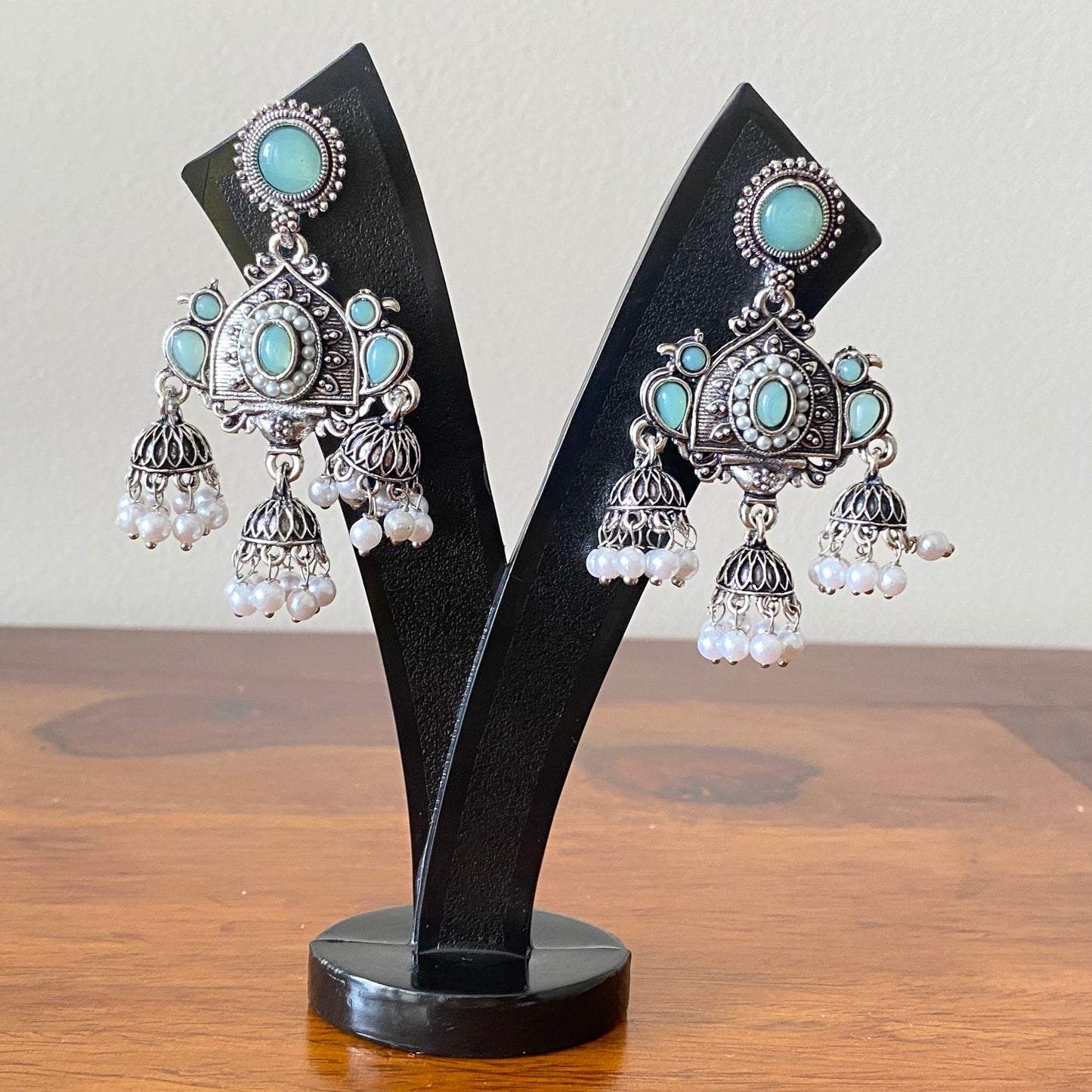 Turquoise Stone Oxidized Silver Jhumka Earrings