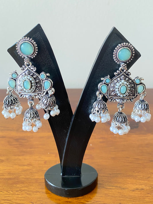 Turquoise Stone Oxidized Silver Jhumka Earrings