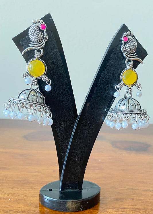 Yellow Peacock Shaped Oxidized Silver Jhumka Earrings