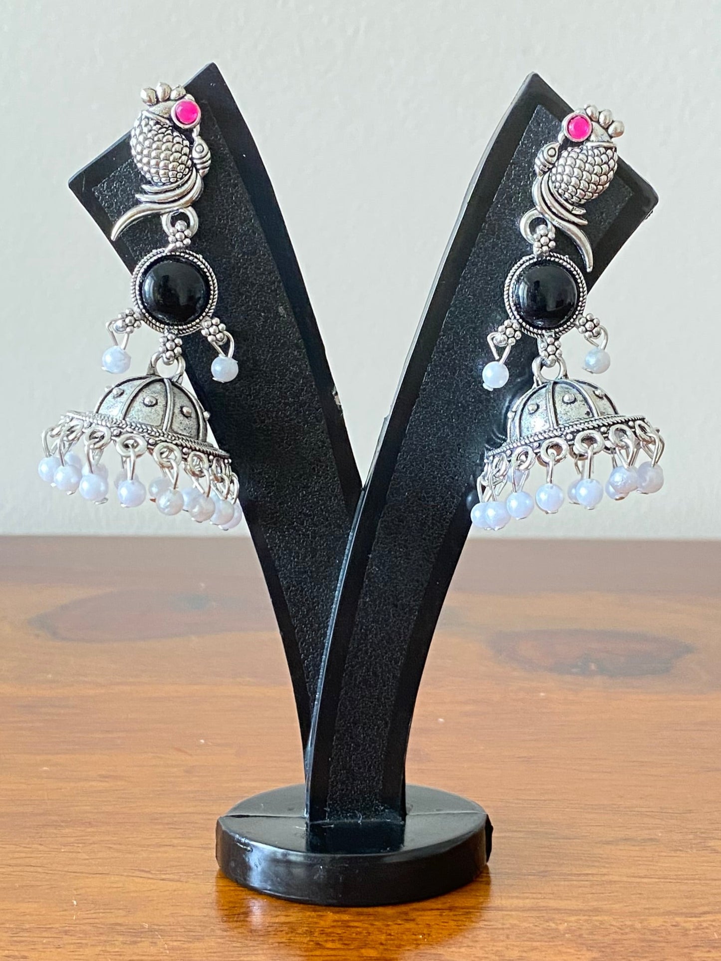 Black Color Peacock Shaped Oxidized Silver Jhumka Earrings