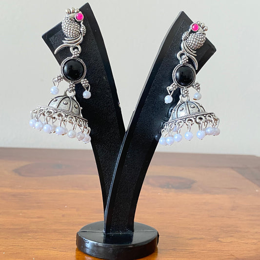 Black Color Peacock Shaped Oxidized Silver Jhumka Earrings
