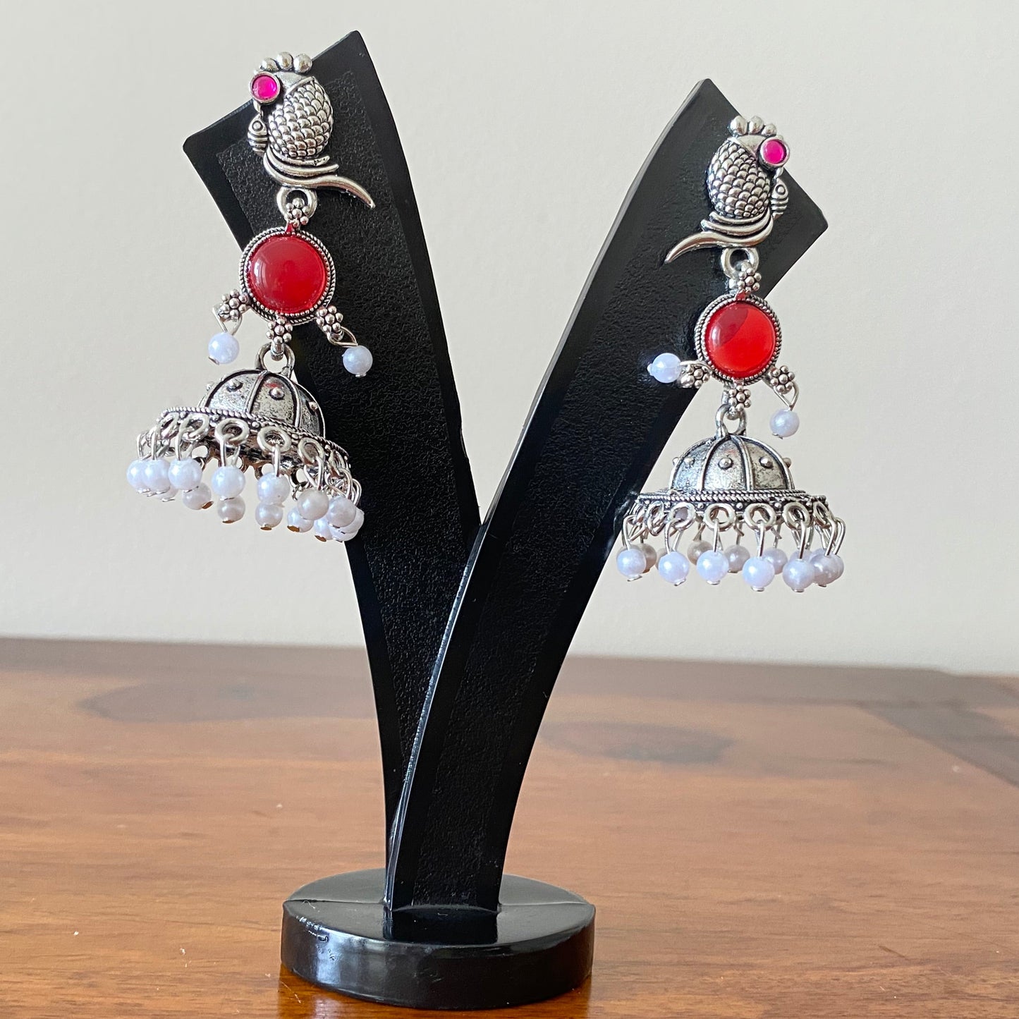 Red Peacock Oxidized Silver Jhumka Earrings
