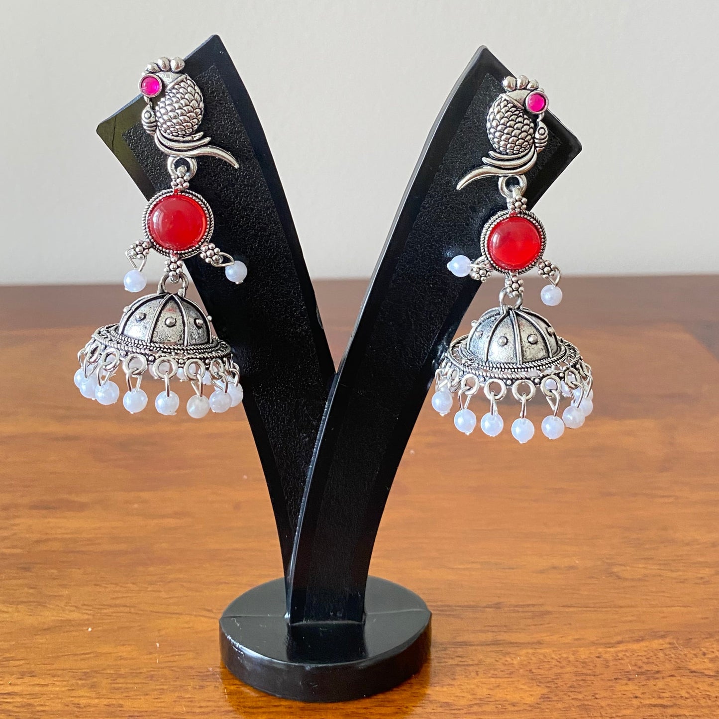 Red Peacock Oxidized Silver Jhumka Earrings