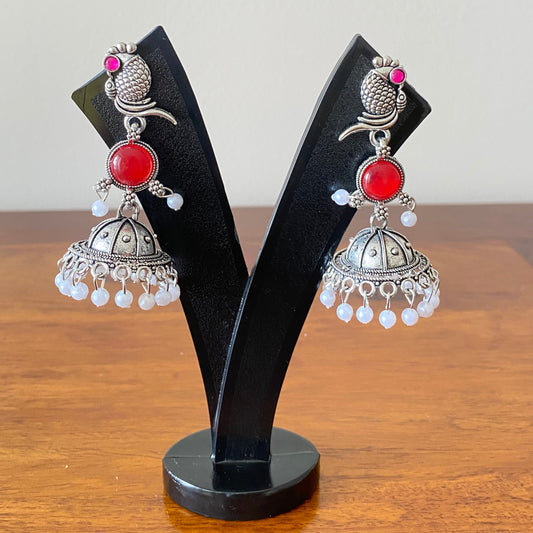 Red Peacock Oxidized Silver Jhumka Earrings