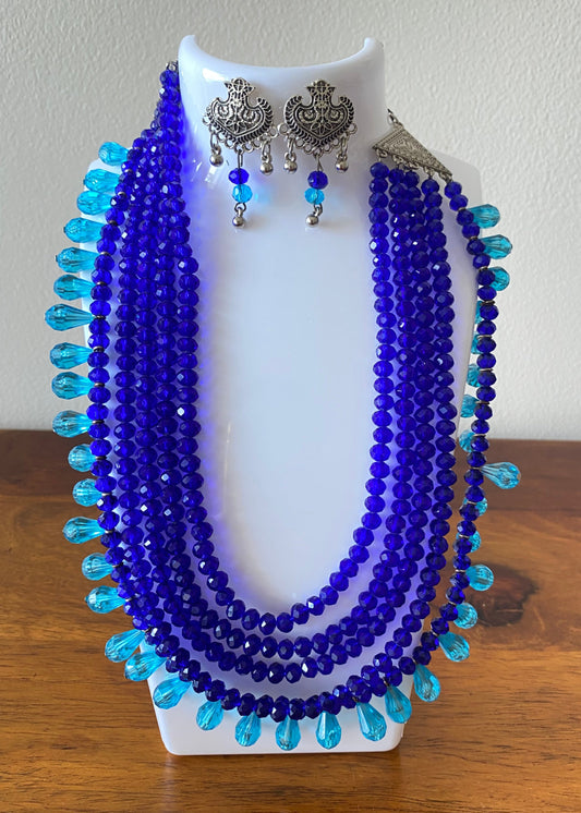 Royal Blue Layered Beads Necklace Set with Silver Earrings