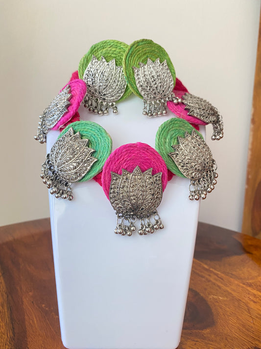 Green and Pink Fabric Lotus Oxidised Jewellery