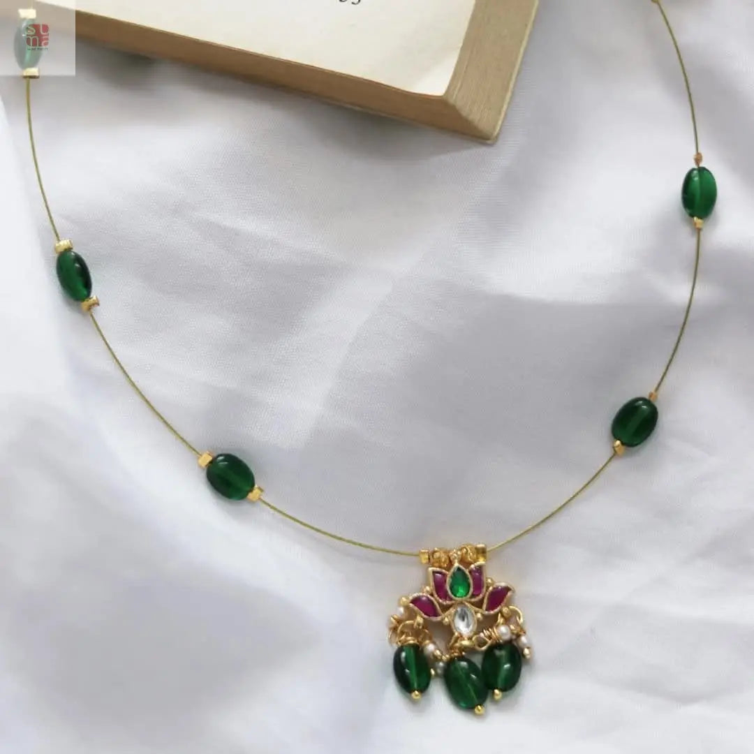 Invisible Necklace with Green Beads and Lotus Pendant 