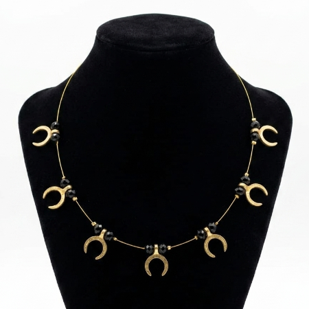 Invisible Necklace Black and Gold Crescent Charms for Women – Minimal Statement Jewellery | Super Macchi