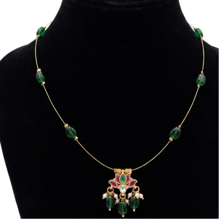 Invisible Necklace with Green Beads and Lotus Pendant