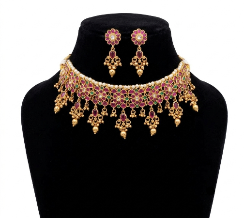 Jadau Choker Set for Women | Traditional Kundan-Inspired Gold Look-Alike Choker Necklace with Earrings