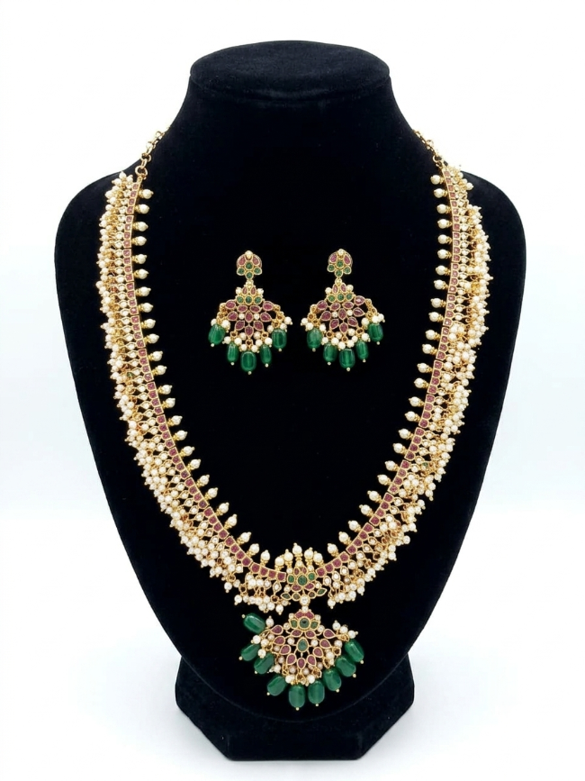 Jadau Guthapusalu Green Bead Drops Long Haram Necklace Set with Earrings for Women | Premium South Indian Gold Look-Alike Jewellery | Super Macchi