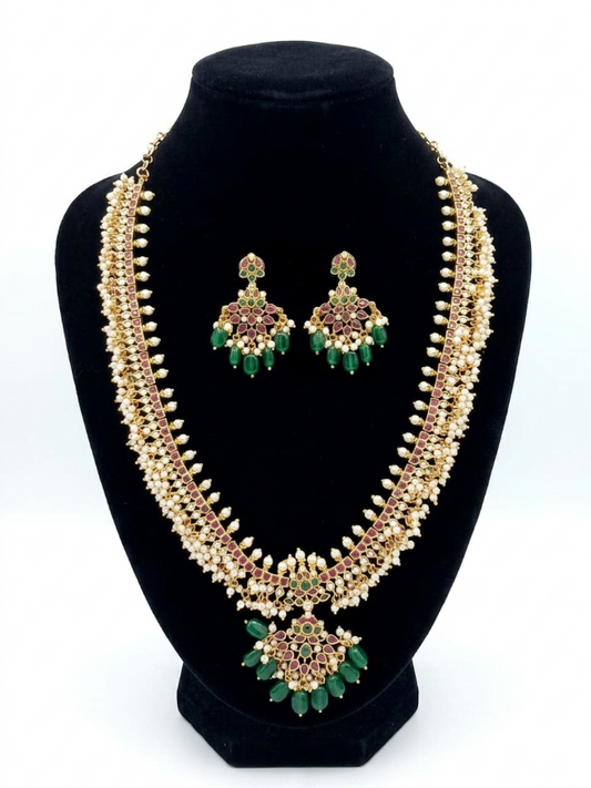 Jadau Guthapusalu Green Bead Drops Long Haram Necklace Set with Earrings for Women | Premium South Indian Gold Look-Alike Jewellery | Super Macchi