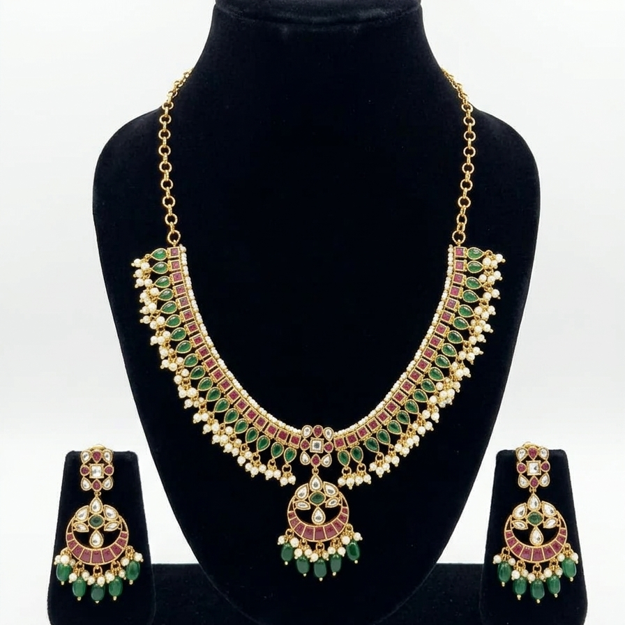 Jadau Guthapusalu Short Necklace Set with Chandbali Earrings for Women | Premium South Indian Gold Look-Alike Jewellery | Super Macchi