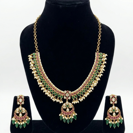 Jadau Guthapusalu Short Necklace Set with Chandbali Earrings for Women | Premium South Indian Gold Look-Alike Jewellery | Super Macchi