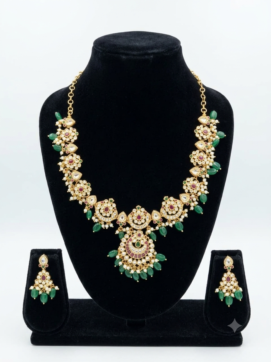 Jadau Guttapusalu Necklace with Green Beads and Matching Earrings for Women | Premium South Indian Gold Look-Alike Jewellery | Super Macchi